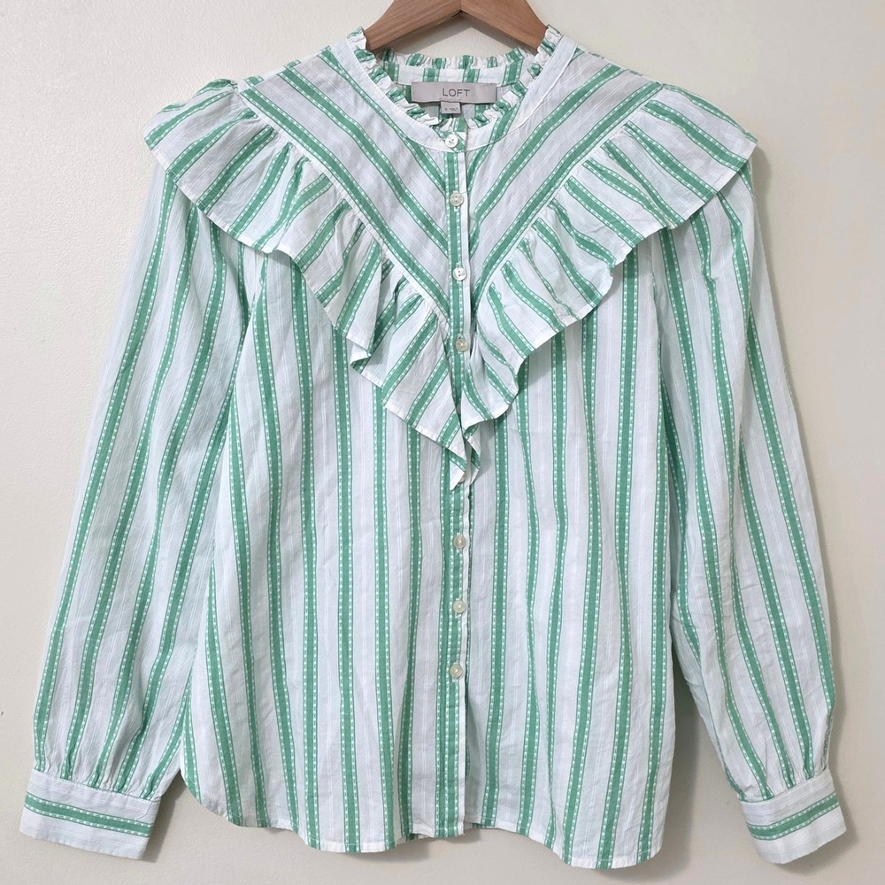Loft Ruffle Bib Collar Button Up Top Sz S Striped Cottage Prairie High Neck